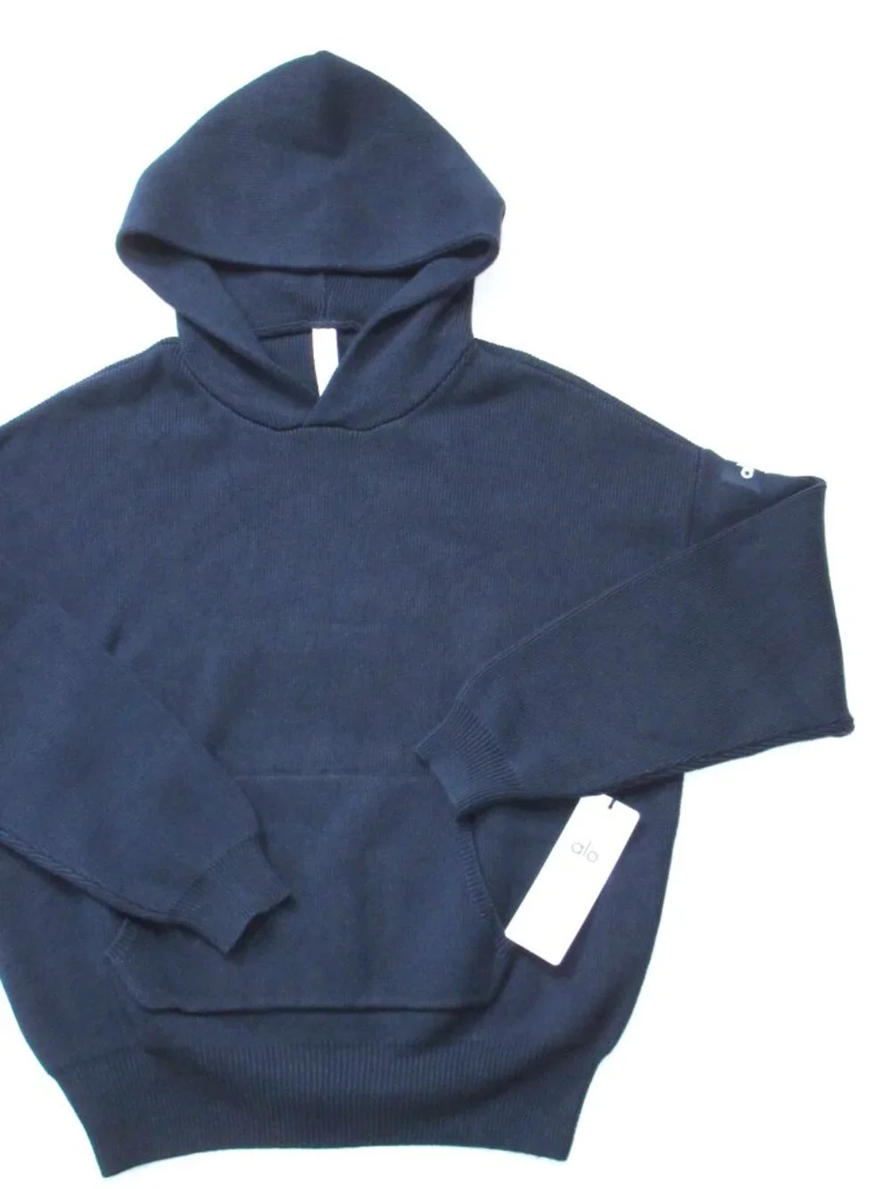 NWT Alo Unisex Scholar Hooded Sweater in Navy Blue Heavyweight Oversized Knit XS
